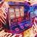 A vibrant scene featuring a classic slot machine with bright neon lights surrounding it. The slot machine displays symbols like 'Bar' and '7' and is set in a lively arcade environment. Reflections and colorful lighting add a sense of excitement and motion.